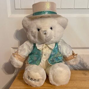 Plush White Teddy Bear in Pearl Outfit with Teal Vest and Hat